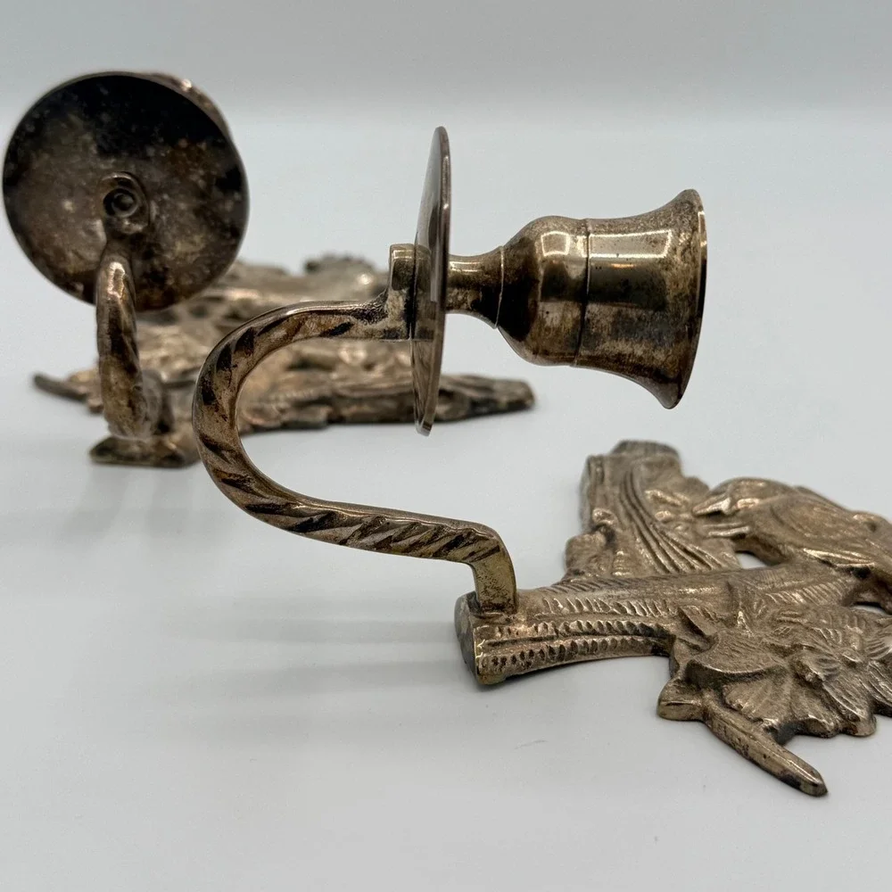 Vintage Silver-Tone Bird & Nest Wall Candle Sconces — Pair, Made in India